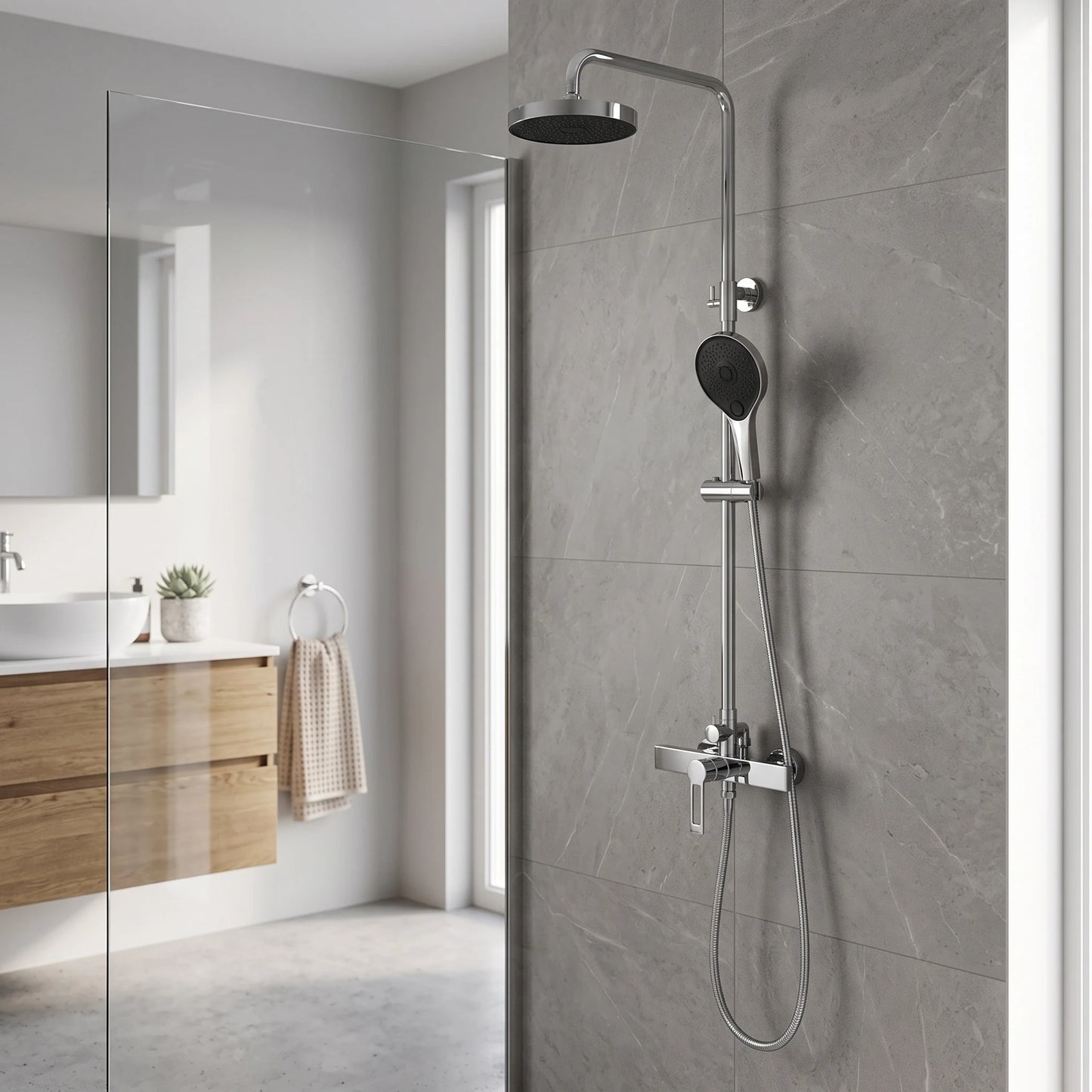 Exposed Shower Bar Set - Chrome in a room setting