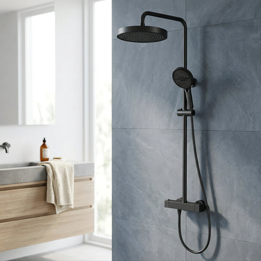 SUS304 Exposed Shower Bar Set (for Instant Water Heater used) - Matt Black in a room setting