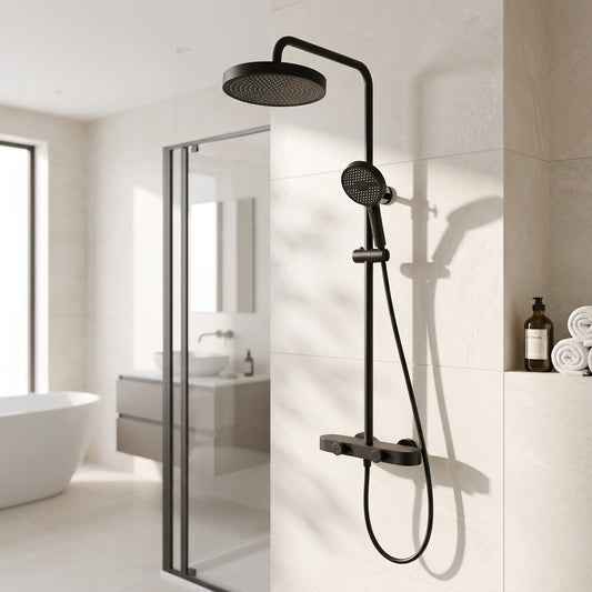 Exposed Shower Bar Set - Matt Black in a room setting