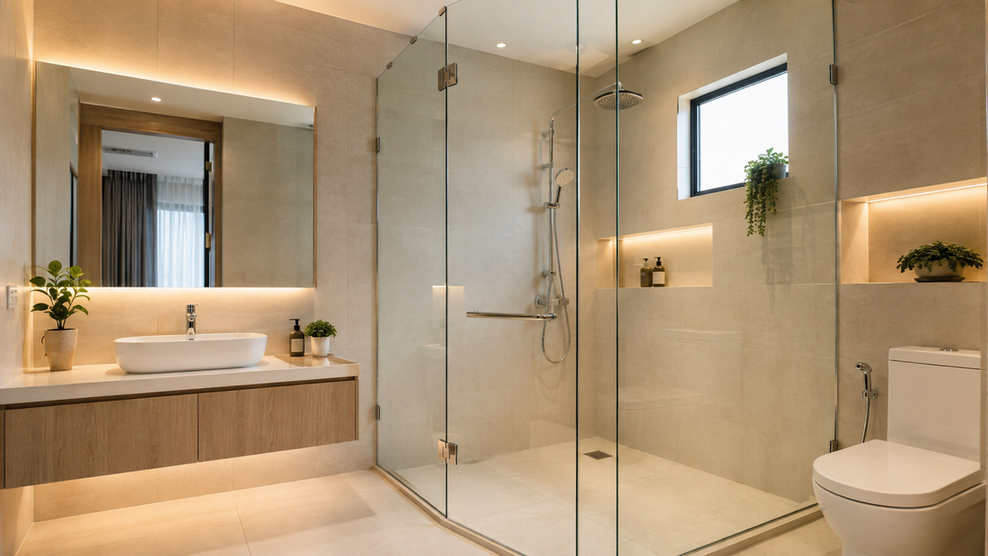 Modern beige bathroom with a frameless glass shower enclosure, rainfall shower, floating wood vanity, white toilet, recessed shelves, and warm ambient lighting.