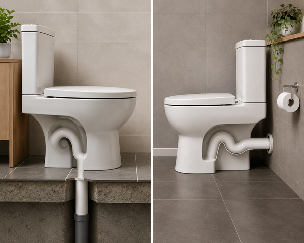 Side-by-side comparison of two modern white toilets showing an S-trap outlet draining vertically through the floor and a P-trap outlet connecting horizontally into the wall.