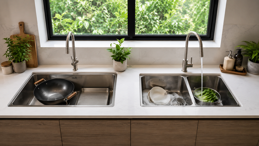 Single and double bowl kitchen sinks with cookware and dishes in a modern kitchen