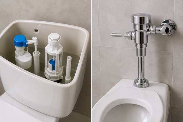 Side-by-side comparison of a toilet cistern with internal fill and flush mechanisms and a chrome direct flush valve mounted above a toilet.