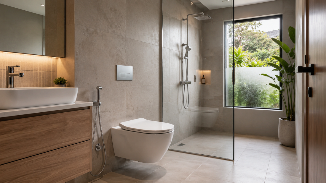 Modern Malaysian bathroom with a white toilet bowl, beige tiled walls, glass shower enclosure, light wood vanity, and bright natural daylight.