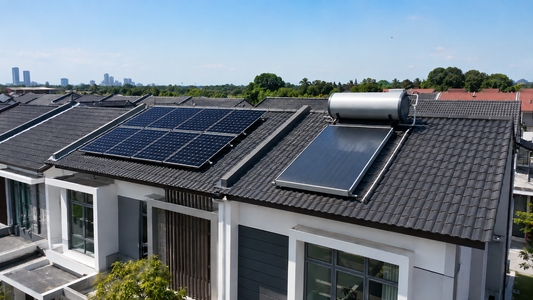 Solar PV panels and a solar water heater installed on a modern Malaysian terrace house roof.