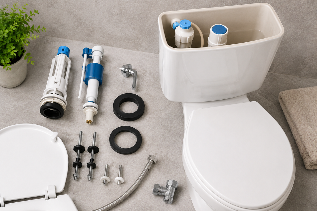 Modern toilet with open cistern and assorted water closet spare parts, including fill valves, flush valves, seals, bolts, hose and angle valve, arranged for repair and replacement.