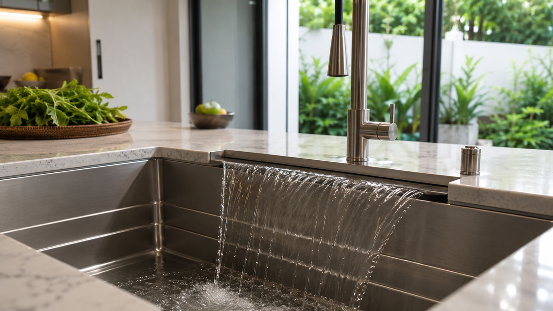Modern Malaysian kitchen featuring a deep stainless steel waterfall sink with a wide sheet of flowing water and stepped multi-tier basin walls.