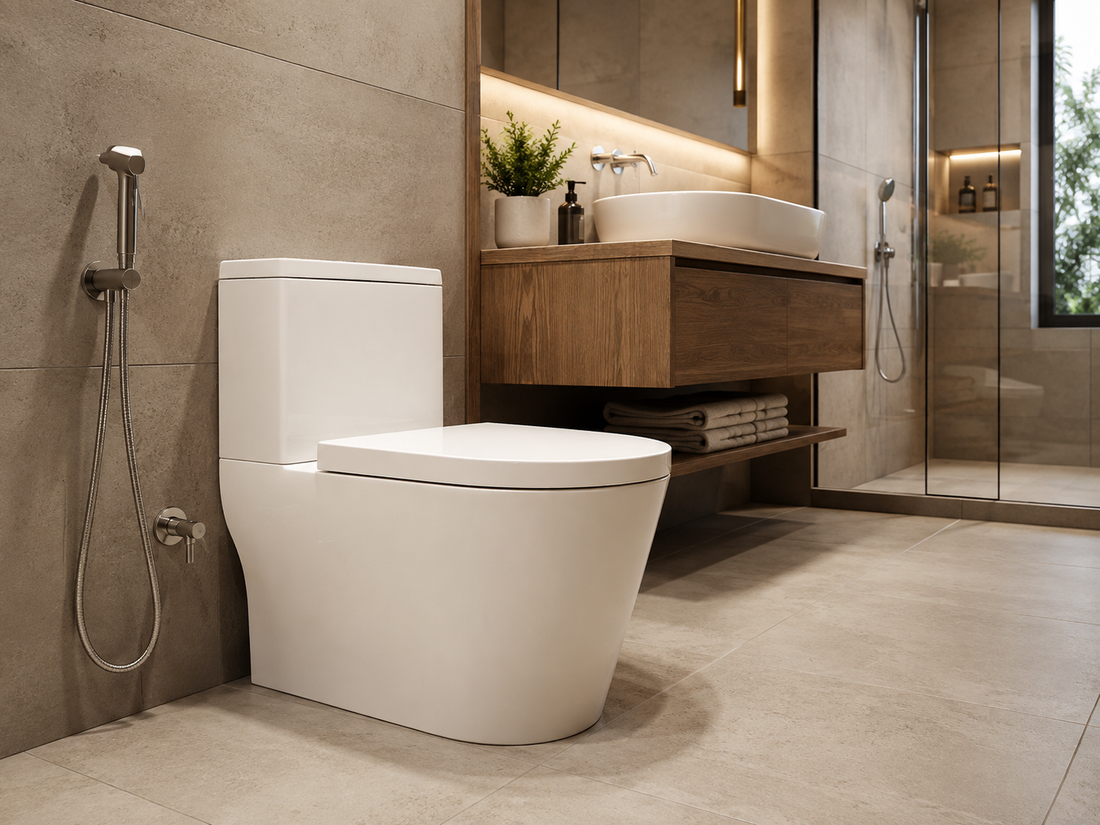 Modern bathroom with a white toilet, handheld bidet spray, floating wooden vanity, vessel basin and glass shower enclosure.