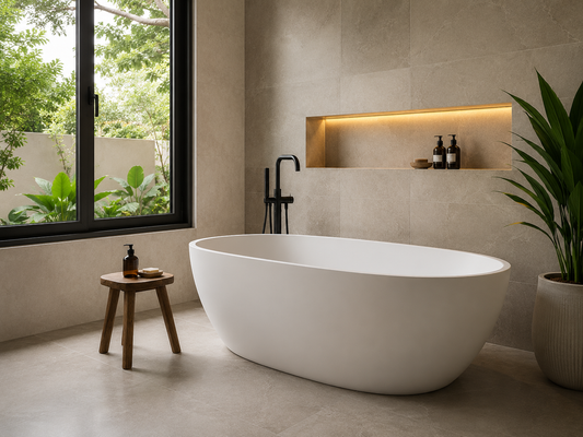 Modern freestanding white bathtub in a beige tiled bathroom with black fixtures and warm recessed lighting.