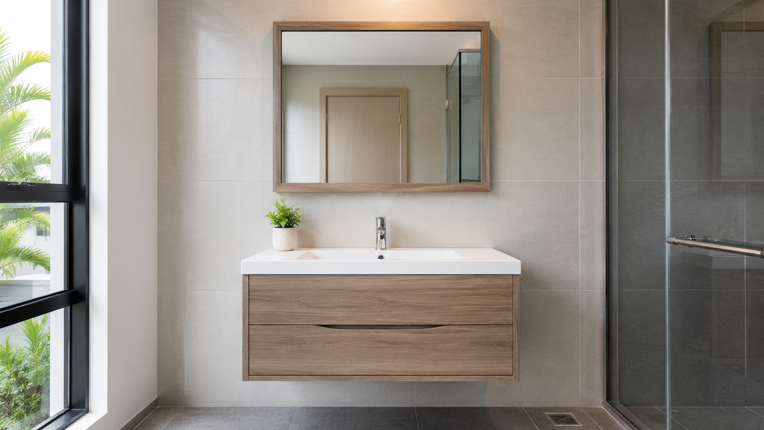 Modern Malaysian bathroom vanity with a wall-mounted wood cabinet, integrated white basin, chrome tap, and centred rectangular framed mirror.