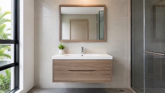 Modern Malaysian bathroom vanity with a wall-mounted wood cabinet, integrated white basin, chrome tap, and centred rectangular framed mirror.
