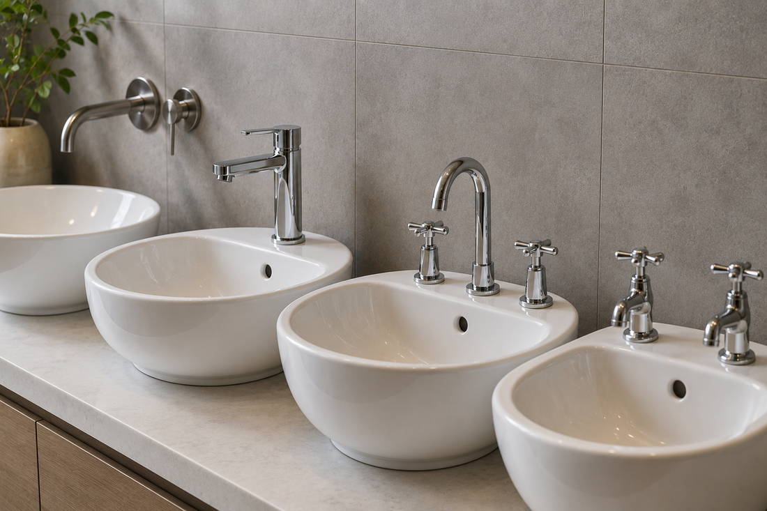 Modern bathroom vanity showing different wash basin tap configurations, including wall-mounted, single-hole, three-hole and separate pillar taps.