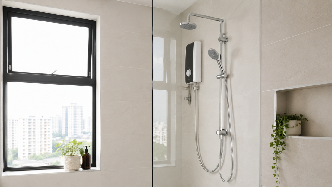 Bright modern bathroom with a chrome shower set and wall-mounted instant water heater beside a large window overlooking city buildings, styled in clean neutral tones.