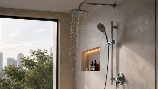 Modern bathroom with a chrome rain shower and hand shower mounted on beige tiled walls, warm recessed niche lighting, and a large window with greenery outside.