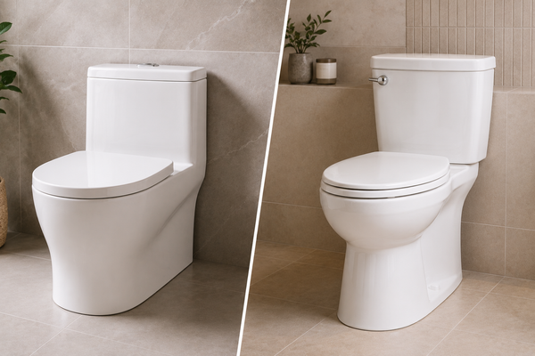 Side-by-side comparison of a modern one-piece toilet and a close-coupled toilet in a clean contemporary bathroom.