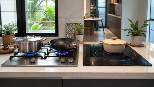 Modern Malaysian kitchen countertop with a stainless steel gas hob and blue flames beside a sleek black glass induction hob.