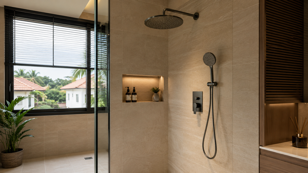 Modern concealed shower set with rain shower and hand shower in a clean beige-tiled Malaysian bathroom.