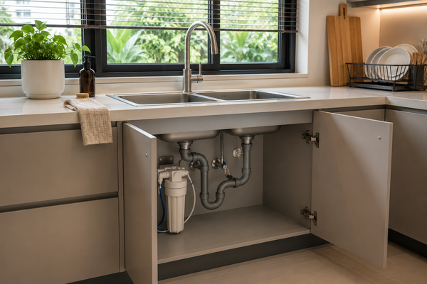 Modern Malaysian kitchen with a stainless-steel sink, open under-sink cabinet, neat plumbing, water filter, and clean neutral cabinetry in warm natural daylight.