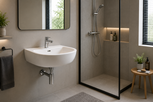 Modern wall-hung wash basin with walk-in shower in a minimalist bathroom