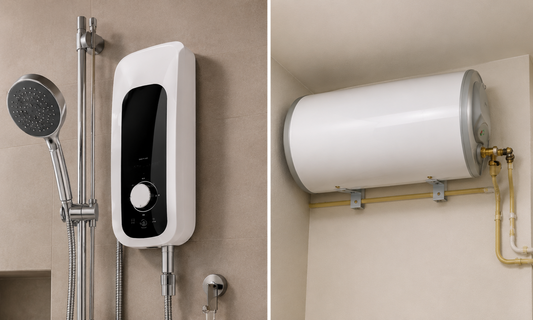 Side-by-side comparison of an instant water heater and a horizontal storage water heater installed in a modern Malaysian home bathroom.