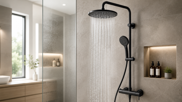 Modern rain shower set installed in bathroom with overhead shower, handheld spray