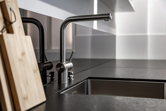 Granite composite sink installed in a contemporary kitchen countertop