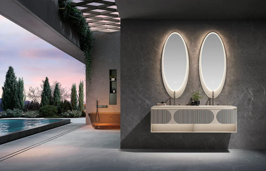 Modern floating basin cabinet with double countertop wash basins and LED mirrors in a luxury bathroom