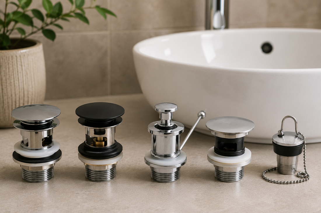 Different basin waste and pop-up plug types displayed beside a modern white wash basin, including click-clack and plug-and-chain designs.