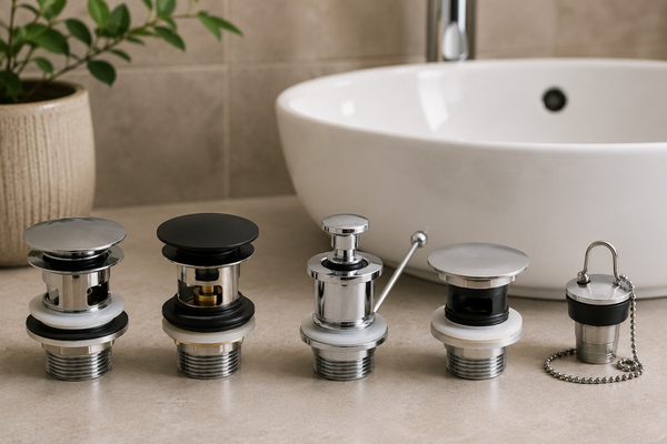 Different basin waste and pop-up plug types displayed beside a modern white wash basin, including click-clack and plug-and-chain designs.