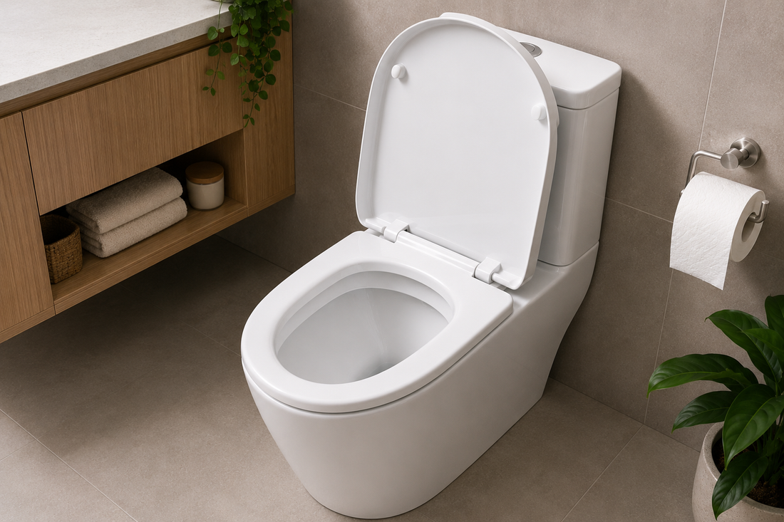 Modern white toilet in a clean contemporary bathroom with neutral tiles, wooden vanity, toilet paper holder, towels and indoor plants.