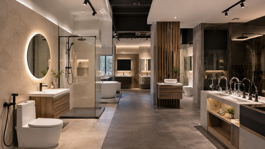 Modern bathroom showroom with multiple toilet, shower, vanity and tap displays under warm ambient lighting.