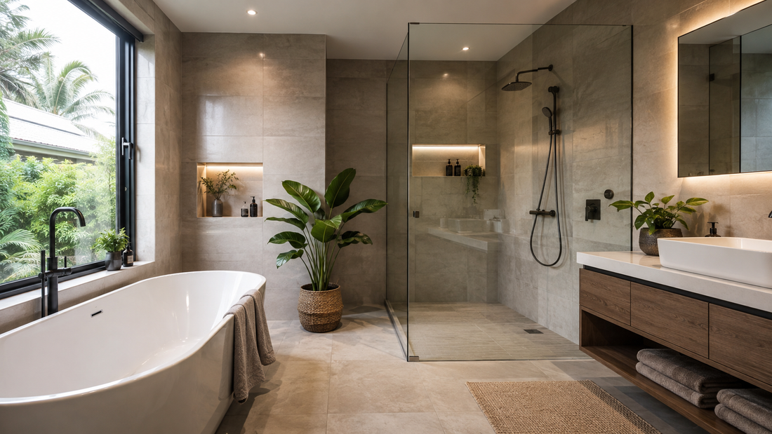 Modern spa-style bathroom with a freestanding bathtub, walk-in shower, vanity and tropical garden view.