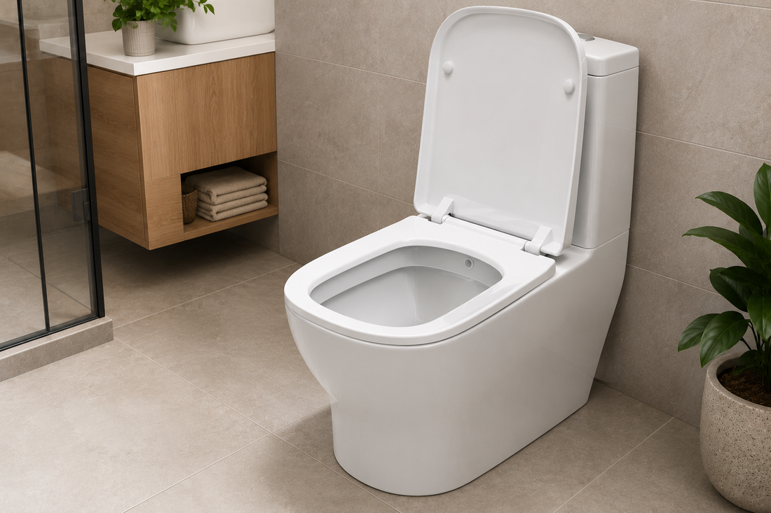 Modern rimless toilet in a clean contemporary bathroom with neutral stone tiles, wooden vanity, glass shower and indoor plants.