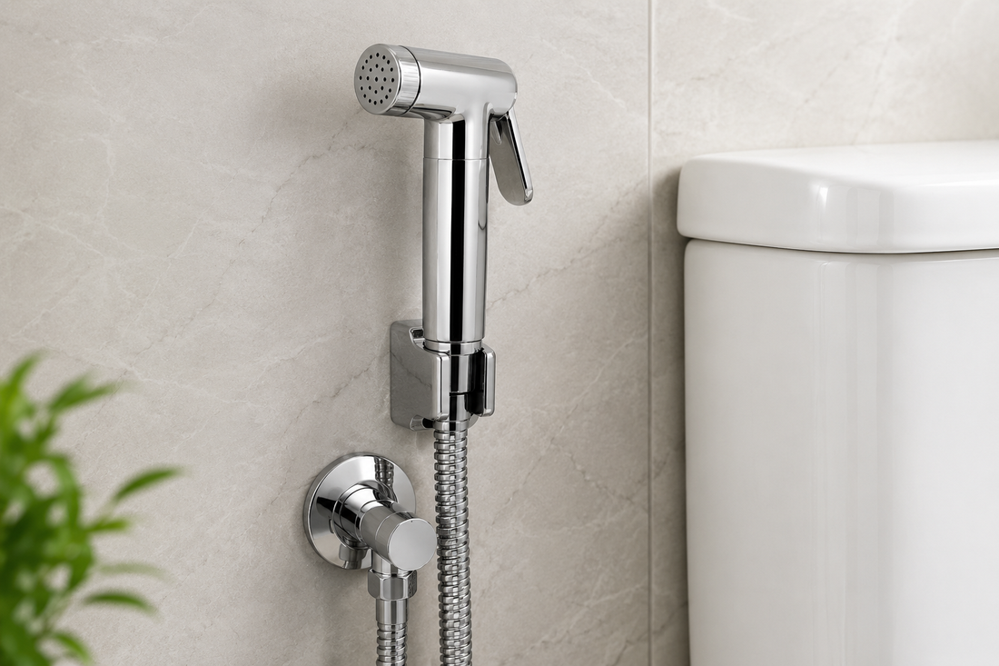 Modern handheld bidet spray set mounted beside a toilet