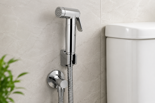 Modern handheld bidet spray set mounted beside a toilet