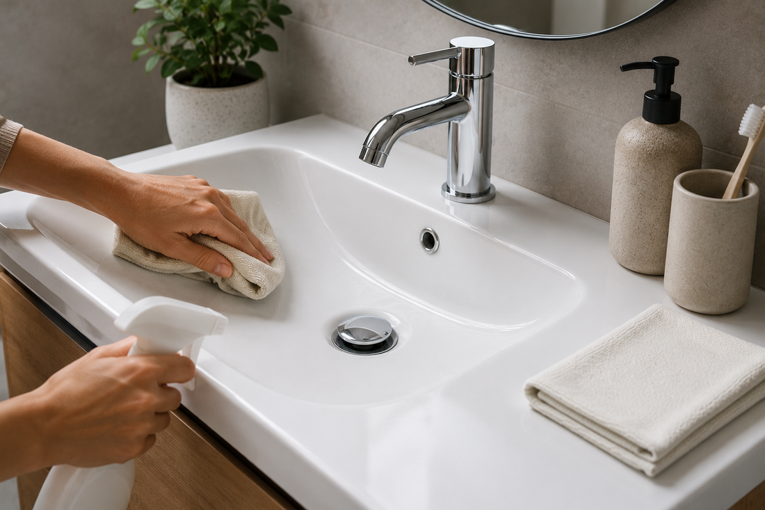 Person cleaning a white ceramic wash basin with a soft cloth and spray cleaner in a modern bathroom.