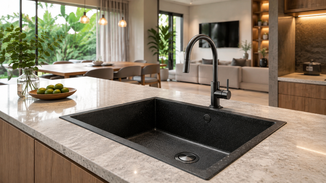 Modern open-plan kitchen with a black granite composite sink, matte black faucet, light stone countertop, warm wood cabinetry, and lush greenery outside.