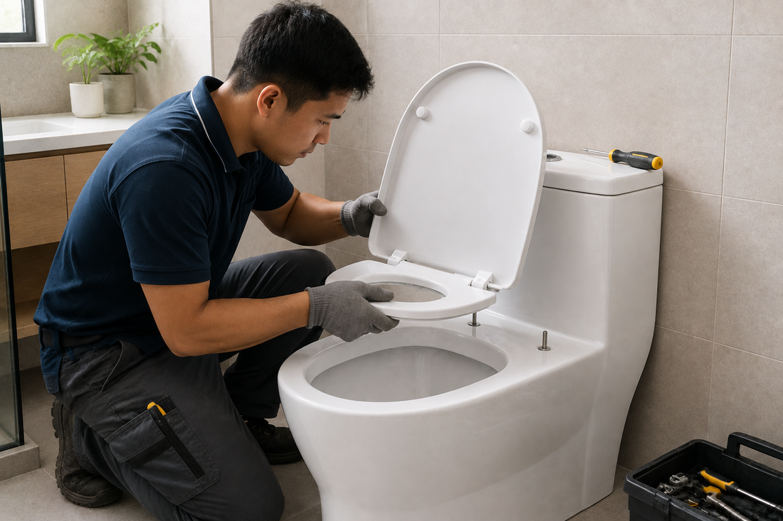 Bathroom worker replacing and fitting a white toilet seat on a modern toilet, with tools and a toolbox nearby.