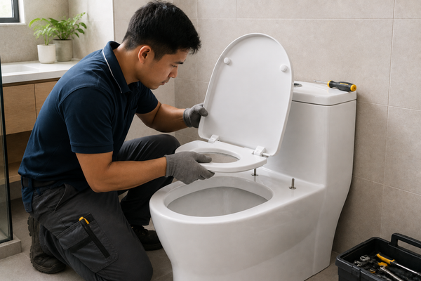 Bathroom worker replacing and fitting a white toilet seat on a modern toilet, with tools and a toolbox nearby.