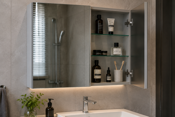 Modern bathroom mirror cabinet mounted above a wash basin, with an open mirrored door showing internal shelves, storage space and cabinet depth.