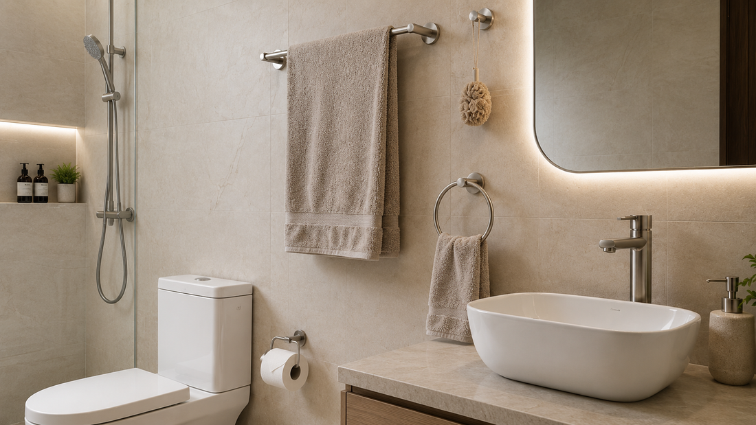 Modern beige bathroom featuring stainless-steel accessories, including a towel bar, towel ring, robe hook, toilet paper holder, shower fittings, and soap dispenser.