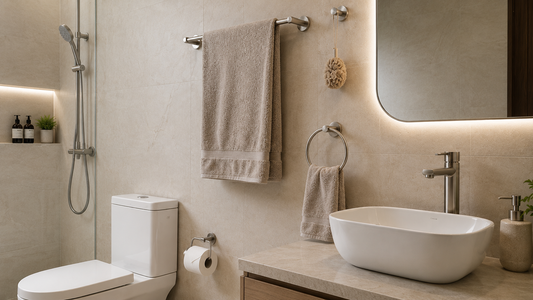 Modern beige bathroom featuring stainless-steel accessories, including a towel bar, towel ring, robe hook, toilet paper holder, shower fittings, and soap dispenser.