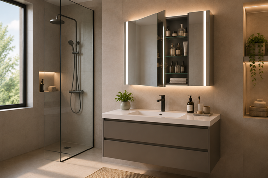 Wall-mounted mirror cabinet with open mirrored doors and built-in storage in a modern bathroom