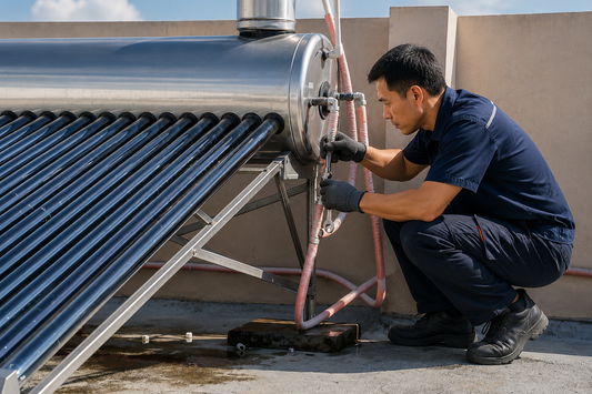 Professional technician inspecting and adjusting an evacuated-tube solar water heater system on a residential rooftop