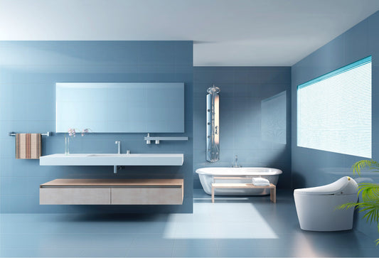 Modern blue-tiled bathroom with a floating vanity, large mirror, freestanding bathtub, shower panel, and smart toilet.