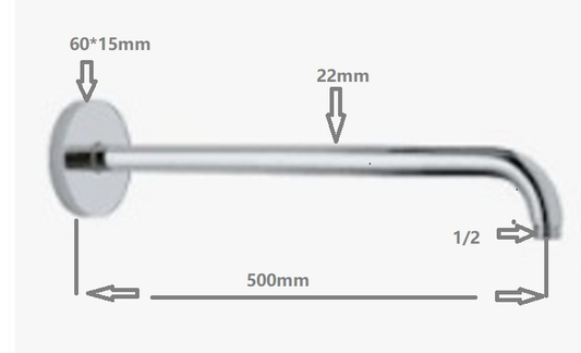 500mm Round Horizontal Shower Arm c/w Flange - Chrome