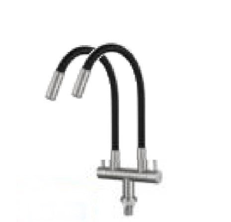 SUS304 Double Spout Pillar Sink Tap c/w Flexible Black Silicone Hose