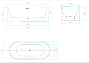 Detailed blueprint of white bath tub dimensions  and top and side elevation views