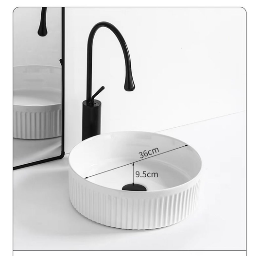 Round Above Counter Top Basin with Vertical Grooves - White