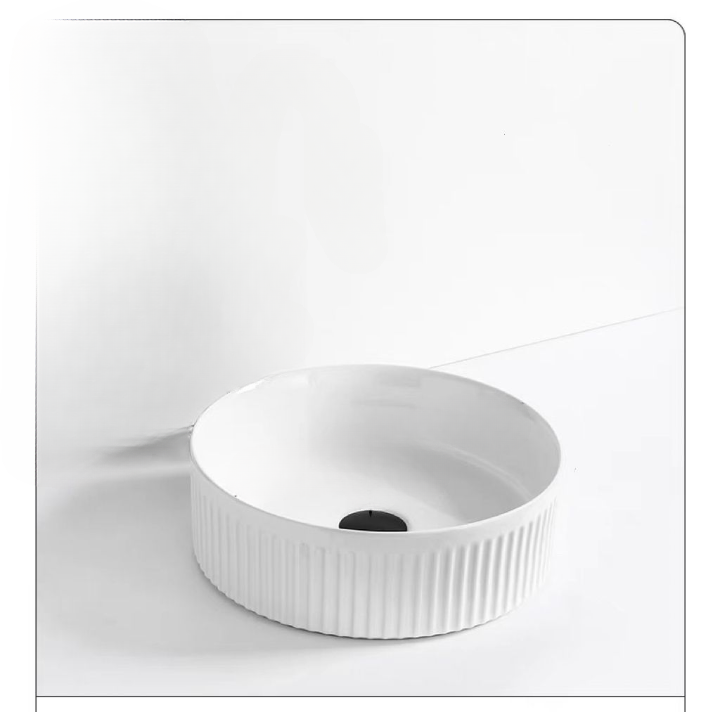 Round Above Counter Top Basin with Vertical Grooves - White